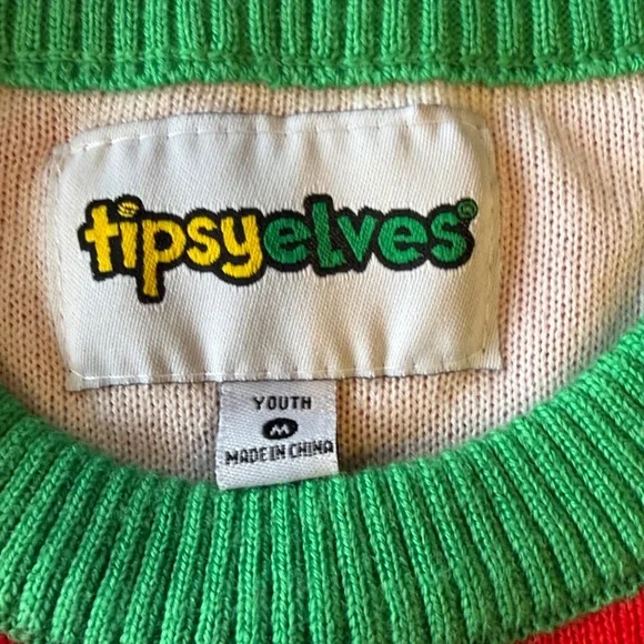 Tipsy Elves Youth Medium Meowy Ugly Christmas Sweater Red/Green/ White, Ages 8-9 - Picture 2 of 5